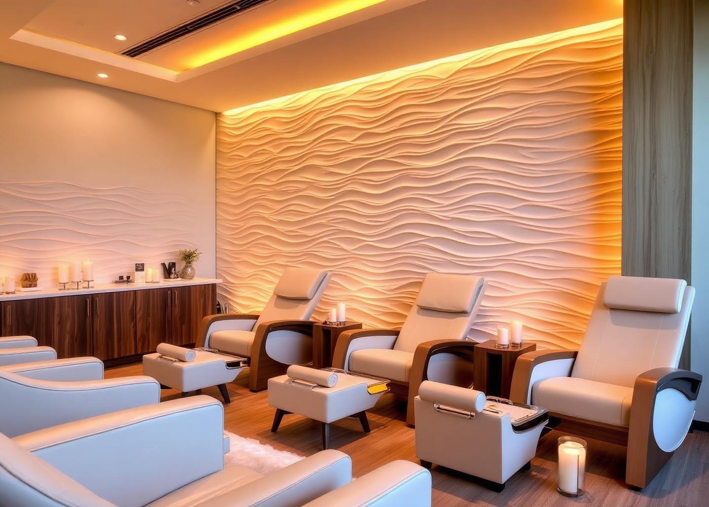 Aurora relaxation lounge with pedicure chairs and warm ambient lighting